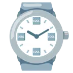 Armbanduhr + Wort „Cool“ in blauem Quadrat