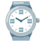 Armbanduhr + Wort „New“ in blauem Quadrat