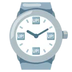 Armbanduhr + Schriftzug „UP!“ im blauen Quadrat