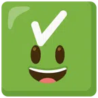 check mark button + grinning face with big eyes