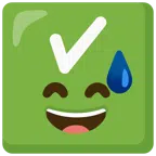 check mark button + grinning face with sweat