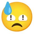 red exclamation mark + downcast face with sweat