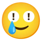 red exclamation mark + smiling face with tear