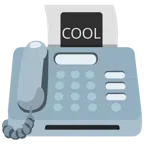 Faxgerät + Wort „Cool“ in blauem Quadrat