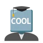 Doktorhut + Wort „Cool“ in blauem Quadrat