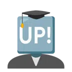 Doktorhut + Schriftzug „UP!“ im blauen Quadrat