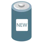 Batterie + Wort „New“ in blauem Quadrat