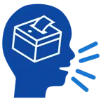 persona che parla + urna elettorale con scheda