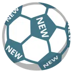 Fußball + Wort „New“ in blauem Quadrat